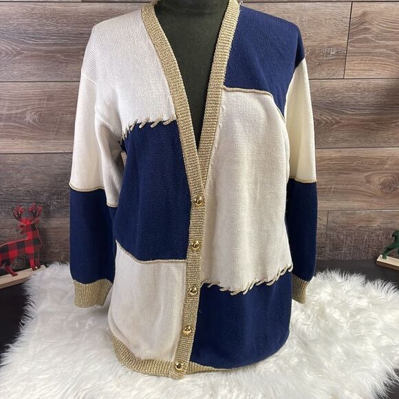 Segue Ladies Buttonup Cardigan Sweater , Size M, White, Blue and Gold - Picture 1 of 10